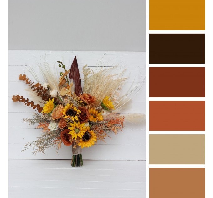 Sunflower & Pampas Grass Boho Bridal Bouquet | Orange, Rust & Beige Faux Wedding Flowers