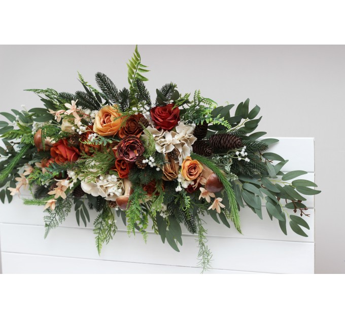  Flower arch arrangement in ivory and rust colors.  Arbor flowers. Floral archway. Faux flowers for wedding arch. Forest wedding.  5262