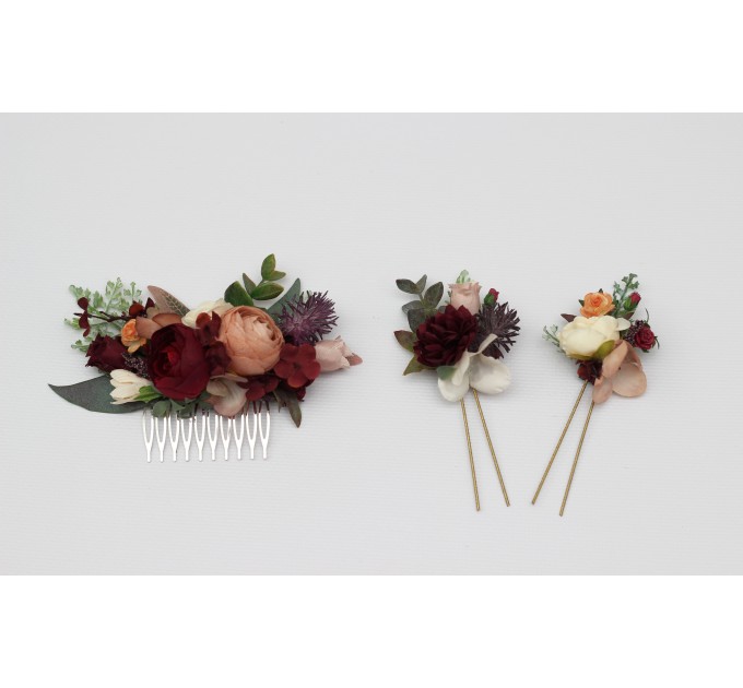 Set of 2 hair pins in burgundy ivory dusty rose cinnamon color scheme. Hair accessories. Flower accessories for wedding. 5144