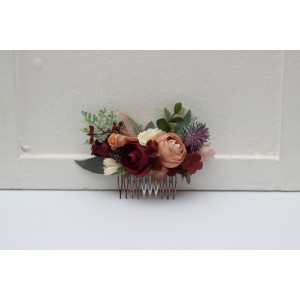 Flower comb in burgundy ivory dusty rose cinnamon color scheme. Wedding accessories for hair. Bridal flower comb. Bridesmaid floral comb. 5144