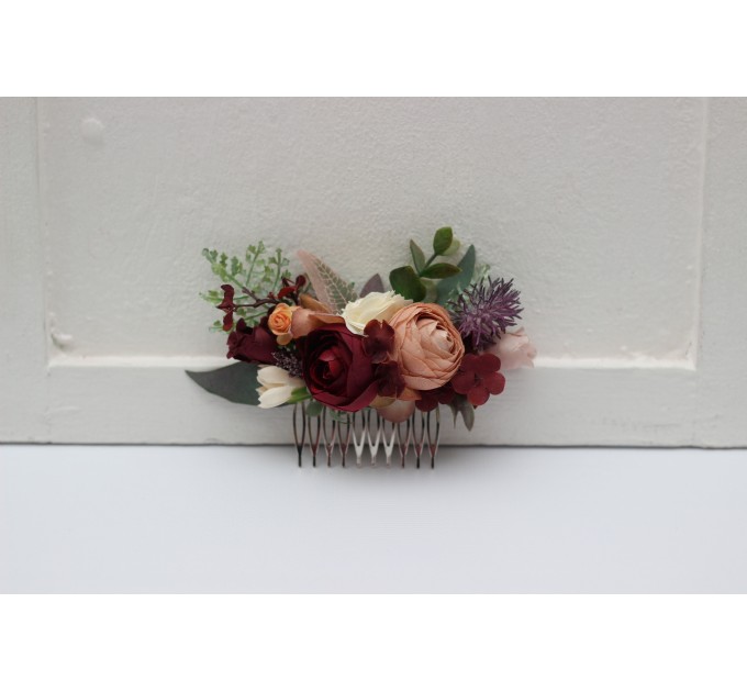 Flower comb in burgundy ivory dusty rose cinnamon color scheme. Wedding accessories for hair. Bridal flower comb. Bridesmaid floral comb. 5144