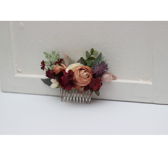 Flower comb in burgundy ivory dusty rose cinnamon color scheme. Wedding accessories for hair. Bridal flower comb. Bridesmaid floral comb. 5144