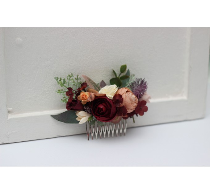 Flower comb in burgundy ivory dusty rose cinnamon color scheme. Wedding accessories for hair. Bridal flower comb. Bridesmaid floral comb. 5144