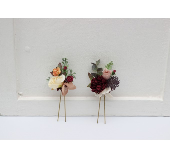 Set of 2 hair pins in burgundy ivory dusty rose cinnamon color scheme. Hair accessories. Flower accessories for wedding. 5144