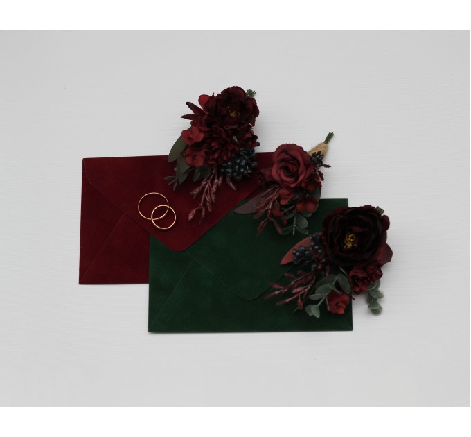 Wedding Boutonnieres & Wrist Corsage in Deep Burgundy | Faux Flower Accessories