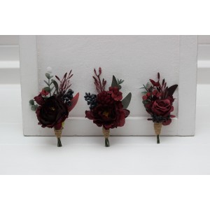  Wedding boutonnieres and wrist corsage  in deep burgundy color scheme. Flower accessories. 5230