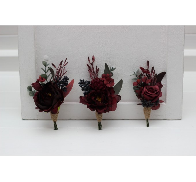 Wedding Boutonnieres & Wrist Corsage in Deep Burgundy | Faux Flower Accessories