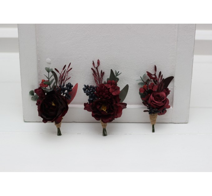 Wedding Boutonnieres & Wrist Corsage in Deep Burgundy | Faux Flower Accessories