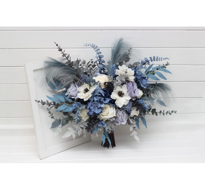 Wedding Bouquets in Dusty Blue, White, Ivory & Gray | Cascading Faux Bridal & Bridesmaid Bouquets