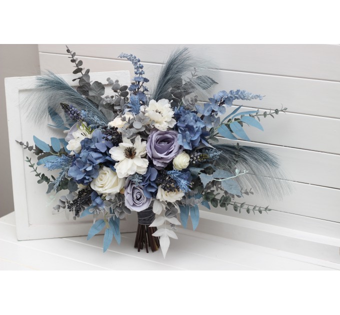 Wedding Bouquets in Dusty Blue, White, Ivory & Gray | Cascading Faux Bridal & Bridesmaid Bouquets