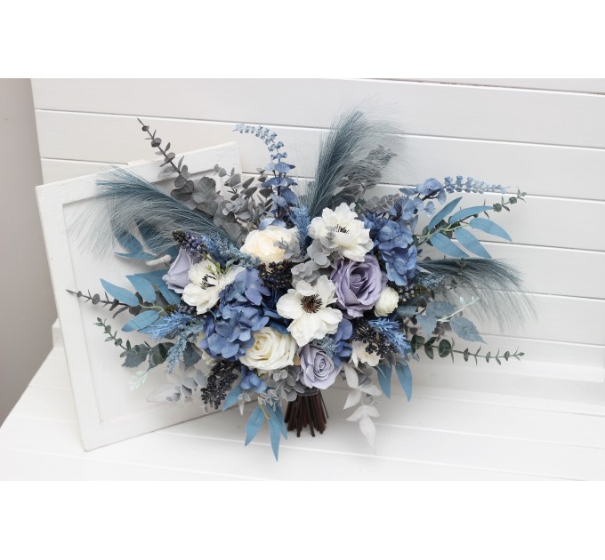Wedding Bouquets in Dusty Blue, White, Ivory & Gray | Cascading Faux Bridal & Bridesmaid Bouquets