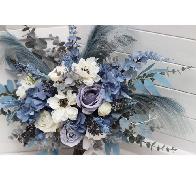 Wedding Bouquets in Dusty Blue, White, Ivory & Gray | Cascading Faux Bridal & Bridesmaid Bouquets