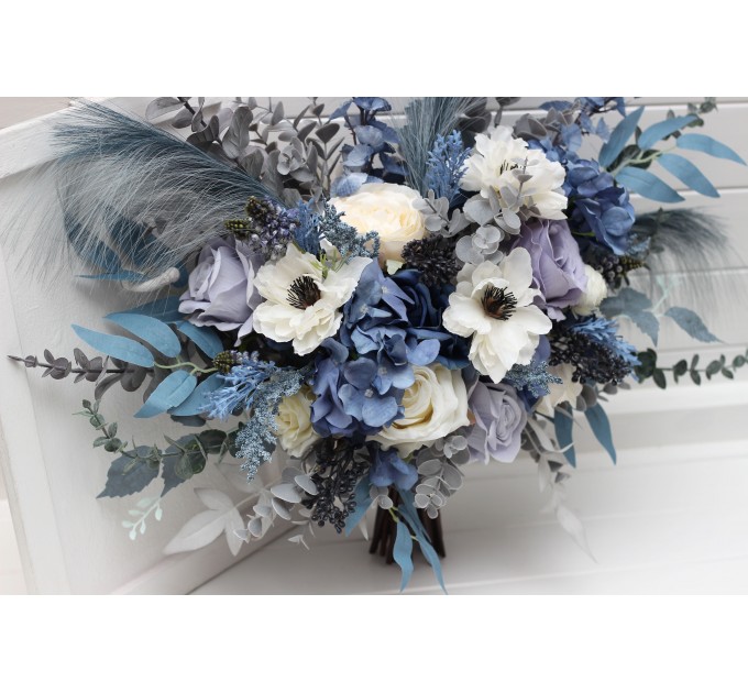 Wedding Bouquets in Dusty Blue, White, Ivory & Gray | Cascading Faux Bridal & Bridesmaid Bouquets