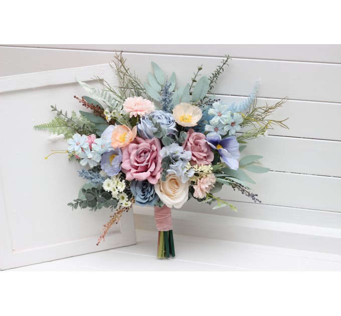 Small Wedding Bouquet in Dusty Blue, Dusty Pink & Peach | Wildflower Faux Bridal & Bridesmaid Bouquets