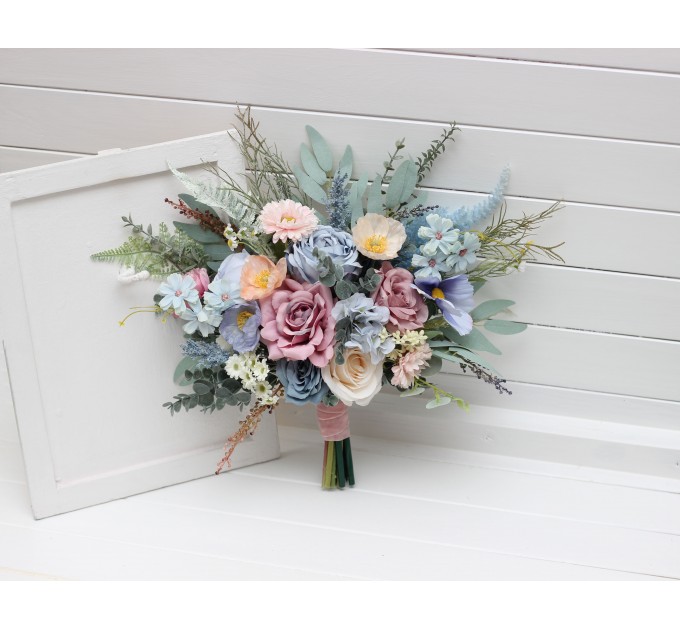 Small Wedding Bouquet in Dusty Blue, Dusty Pink & Peach | Wildflower Faux Bridal & Bridesmaid Bouquets