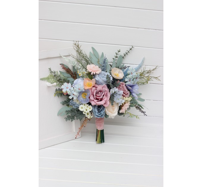 Small Wedding Bouquet in Dusty Blue, Dusty Pink & Peach | Wildflower Faux Bridal & Bridesmaid Bouquets