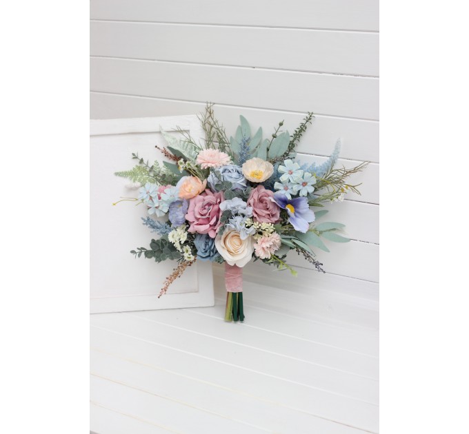 Small Wedding Bouquet in Dusty Blue, Dusty Pink & Peach | Wildflower Faux Bridal & Bridesmaid Bouquets