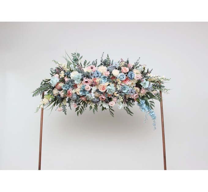 Summer Wedding Flower Arch Arrangement in Dusty Blue, Blush Pink & Yellow | Faux Floral Archway