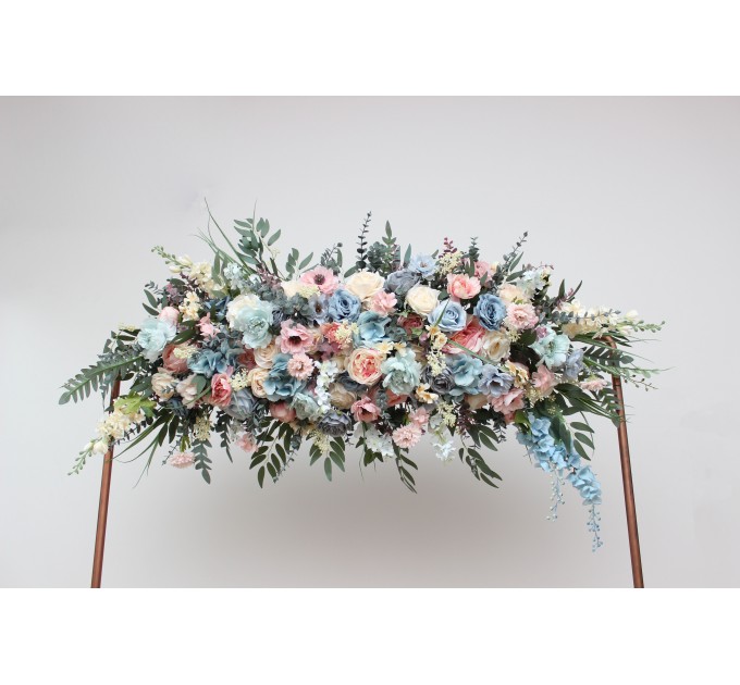 Summer Wedding Flower Arch Arrangement in Dusty Blue, Blush Pink & Yellow | Faux Floral Archway