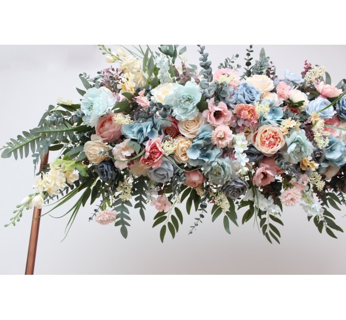 Summer Wedding Flower Arch Arrangement in Dusty Blue, Blush Pink & Yellow | Faux Floral Archway