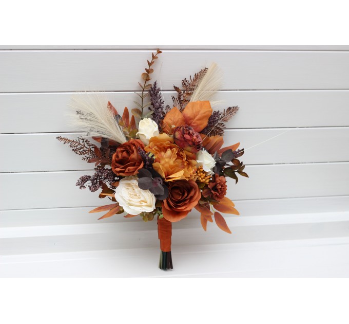 Wedding Bouquets in Ivory & Rust | Cascading Faux Bridal & Bridesmaid Bouquets