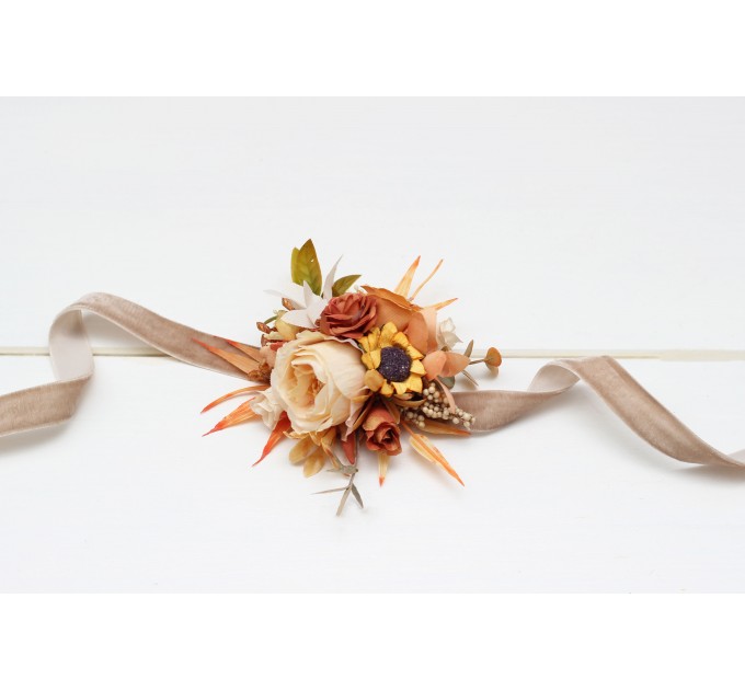 Wedding Boutonnieres & Wrist Corsage in Orange, Rust & Beige | Faux Flower Accessories