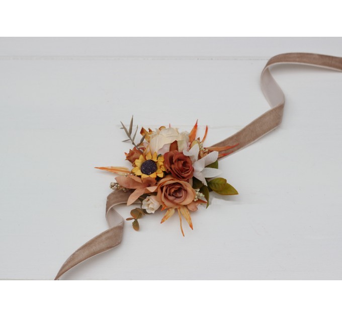 Wedding Boutonnieres & Wrist Corsage in Orange, Rust & Beige | Faux Flower Accessories
