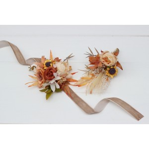 Wedding boutonnieres and wrist corsage  in orange rust beige color scheme. Flower accessories.5134