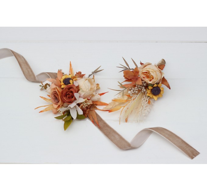 Wedding Boutonnieres & Wrist Corsage in Orange, Rust & Beige | Faux Flower Accessories