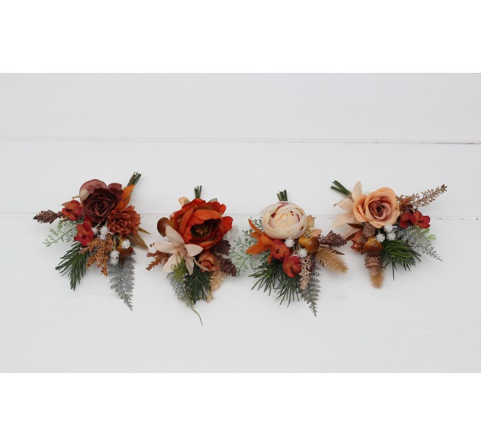 Wedding Boutonnieres & Wrist Corsage in Ivory & Rust | Faux Flower Accessories