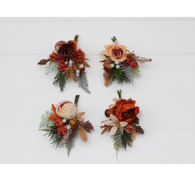  Wedding boutonnieres and wrist corsage  in  ivory rust color scheme. Flower accessories. 5262