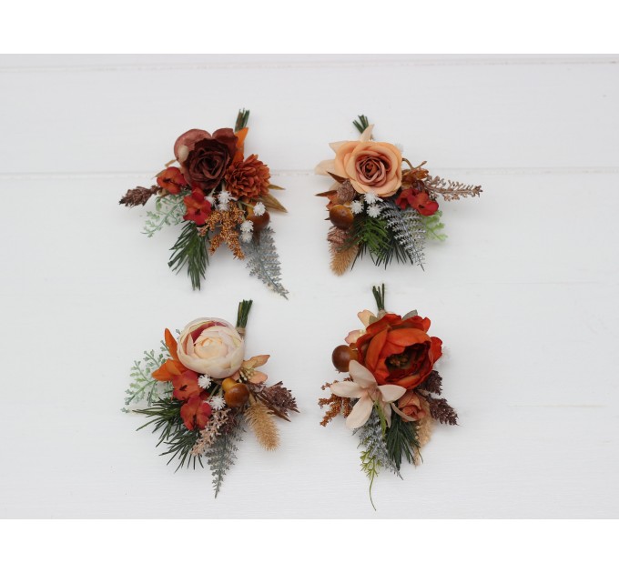 Wedding Boutonnieres & Wrist Corsage in Ivory & Rust | Faux Flower Accessories