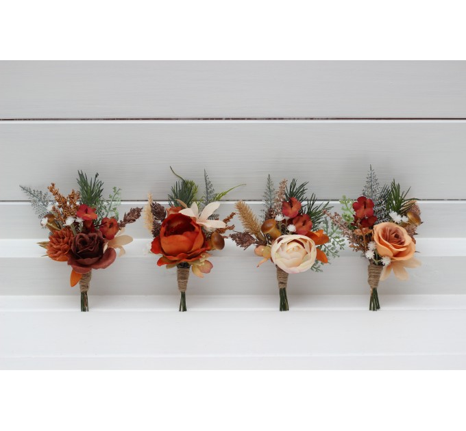 Wedding Boutonnieres & Wrist Corsage in Ivory & Rust | Faux Flower Accessories