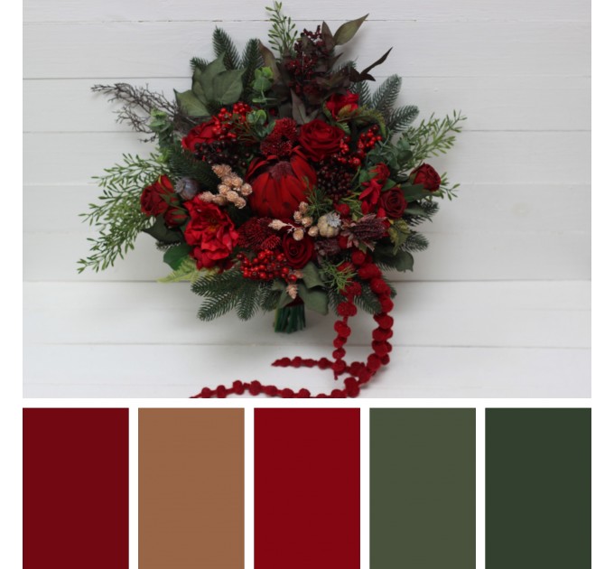 Winter Pine & Red Protea Bridal Bouquet | Faux Cones & Silk Flowers in Red & Green