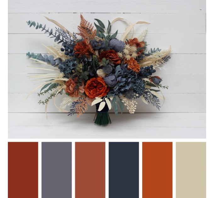 Wedding Bouquets in Rust, Blue & Ivory | Faux Bridal & Bridesmaid Bouquets