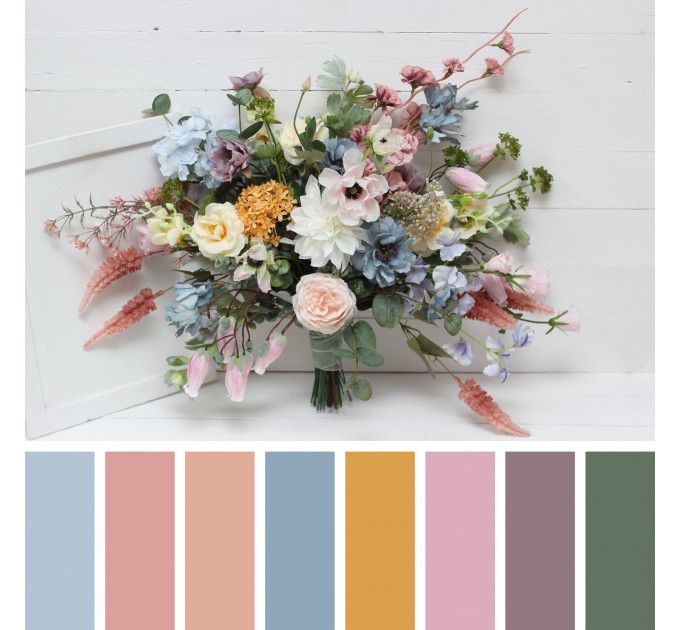 Wildflower Wedding Bouquets in Pink, Yellow & Dusty Blue | Faux Bridal & Bridesmaid Bouquets