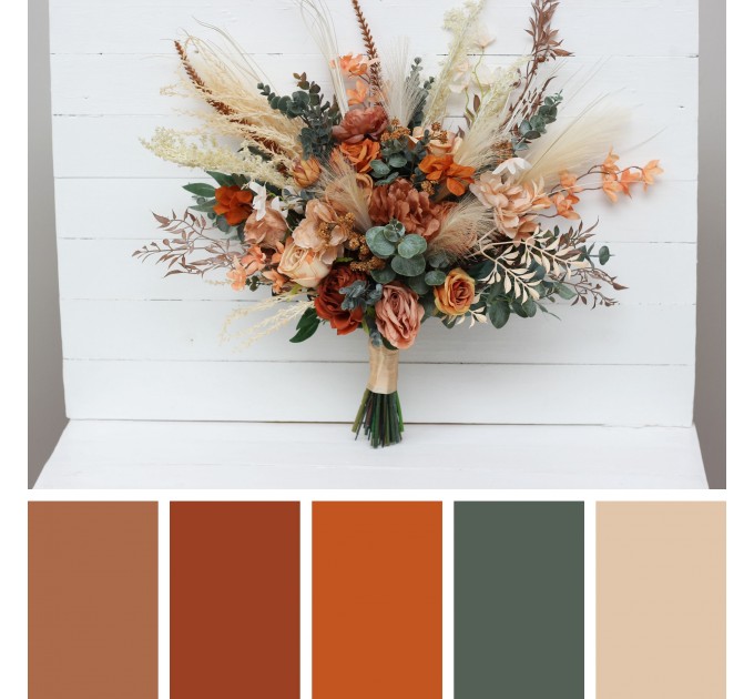 Wedding Bouquets in Cinnamon, Rust & Orange | Pampas Grass Faux Bridal & Bridesmaid Bouquets