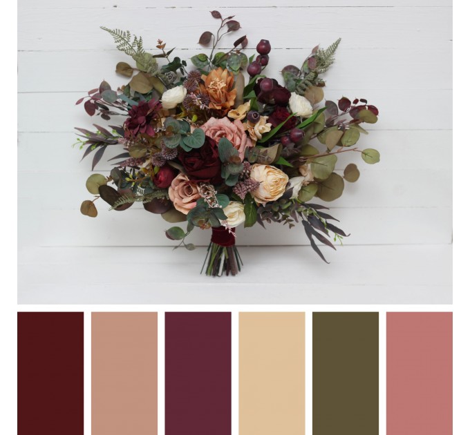 Wedding Bouquets in Burgundy, Ivory, Dusty Rose & Cinnamon | Faux Bridal & Bridesmaid Bouquets