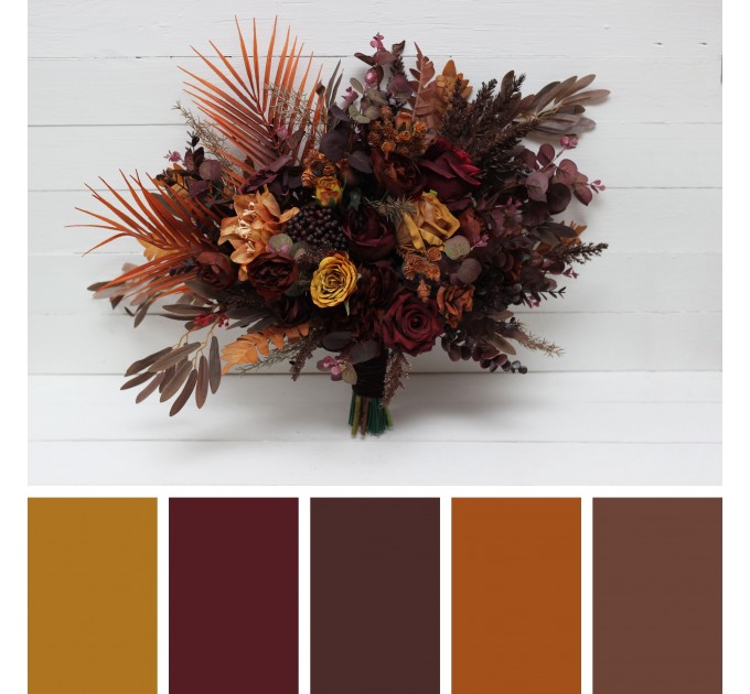 Wedding Bouquets in Burgundy, Rust, Mustard & Brown | Cascading Faux Bridal & Bridesmaid Bouquets