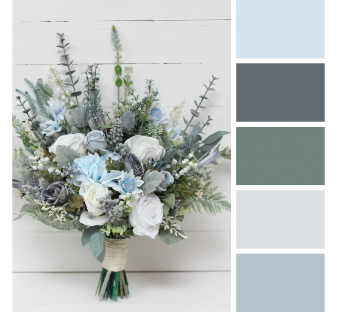 Wedding Bouquets in Dusty Blue & White | Faux Bridal & Bridesmaid Bouquets