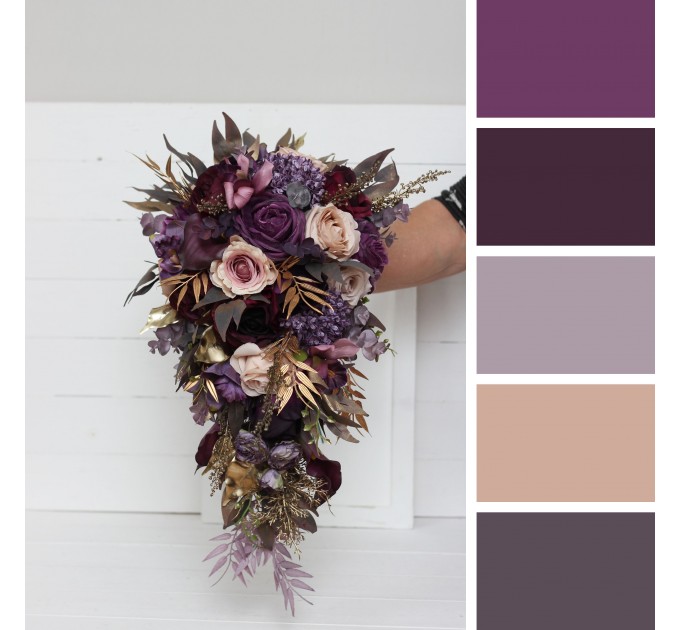 Wedding Bouquets in Purple, Gold & Beige | Cascading Bridal & Bridesmaid Faux Bouquets