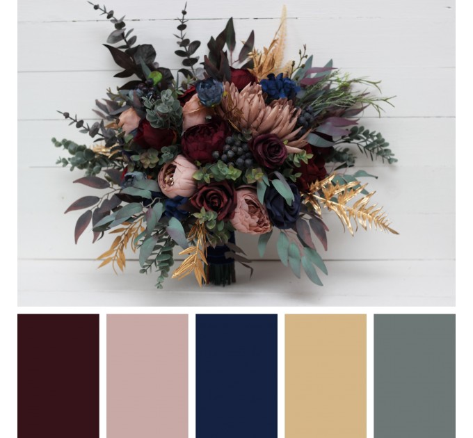 Wedding Bouquets in Burgundy, Navy Blue, Dusty Rose & Gold | Faux Bridal & Bridesmaid Bouquets