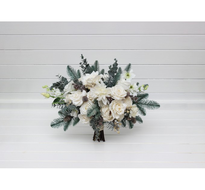 Winter Wedding Bouquets with Pine Branches in White | Faux Bridal & Bridesmaid Bouquets