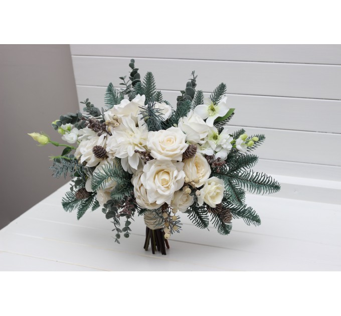 Winter Wedding Bouquets with Pine Branches in White | Faux Bridal & Bridesmaid Bouquets