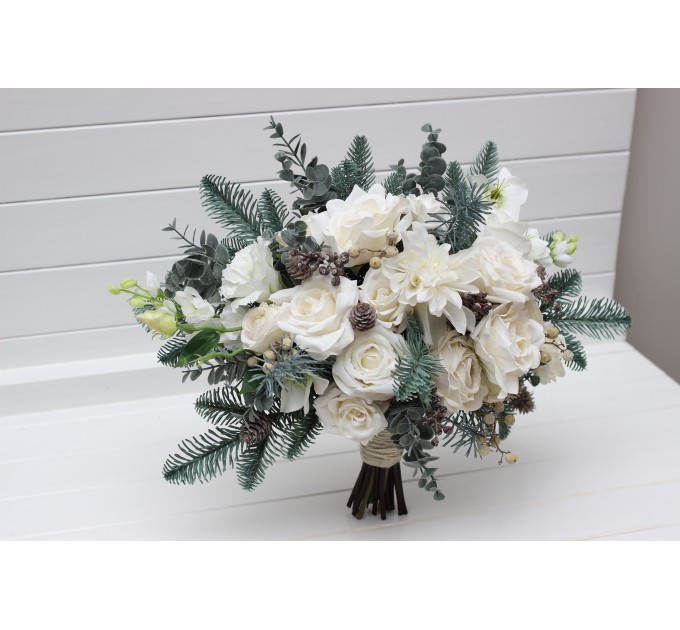 Winter Wedding Bouquets with Pine Branches in White | Faux Bridal & Bridesmaid Bouquets