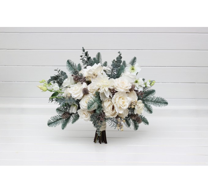 Winter Wedding Bouquets with Pine Branches in White | Faux Bridal & Bridesmaid Bouquets