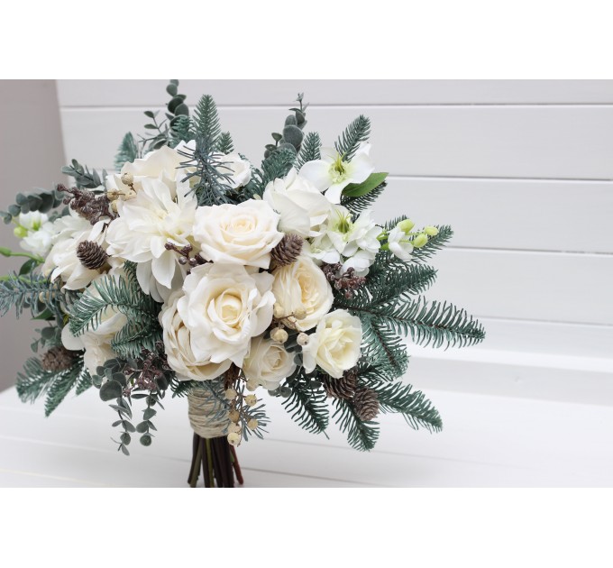 Winter Wedding Bouquets with Pine Branches in White | Faux Bridal & Bridesmaid Bouquets