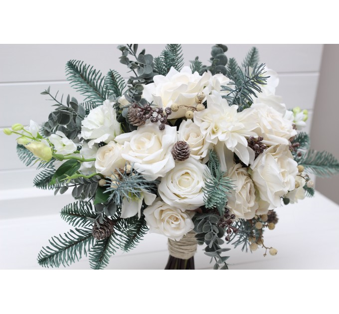 Winter Wedding Bouquets with Pine Branches in White | Faux Bridal & Bridesmaid Bouquets