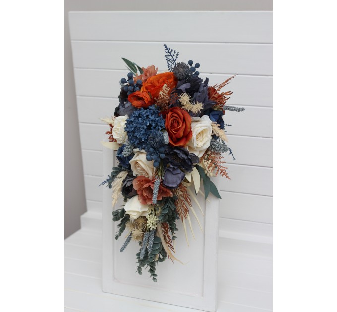 Wedding Bouquets in Rust, Blue & Ivory | Faux Bridal & Bridesmaid Bouquets