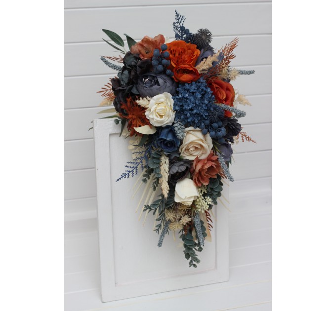 Wedding Bouquets in Rust, Blue & Ivory | Faux Bridal & Bridesmaid Bouquets
